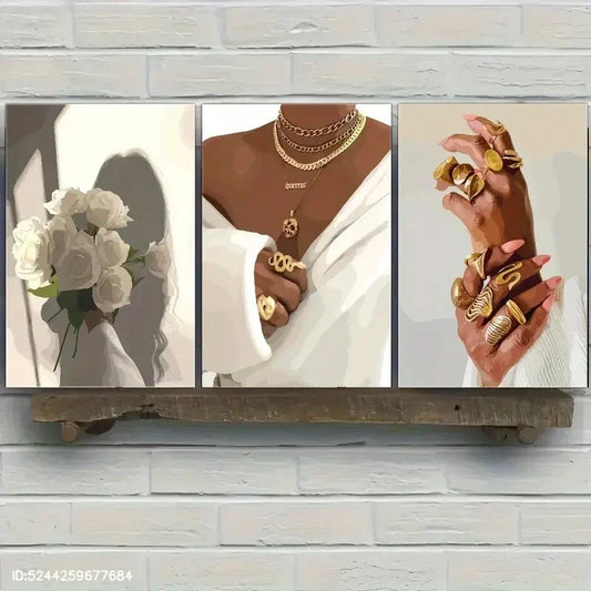 3pcs Black Girl Art Golden Jewelry Roses Metal Print Ready to Hang Art