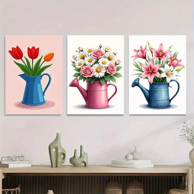 3pcs Colorful Floral Bouquets in Watering Cans Wall Art Set Canvas Framed 40x60cm - High Quality Print 100% Australian Made Wall Canvas Ready to Hang