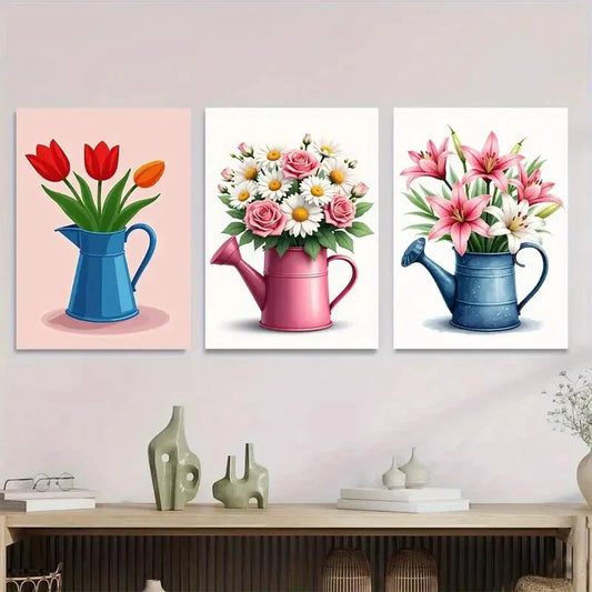 3pcs Colorful Floral Bouquets in Watering Cans Wall Art Set Canvas Framed 40x60cm - High Quality Print 100% Australian Made Wall Canvas Ready to Hang
