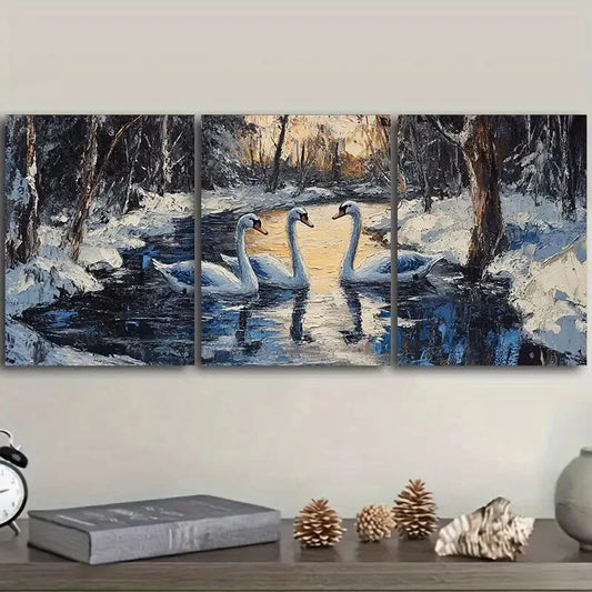 3pcs Elegant Swan Lake Scene, Metal Print Ready to Hang Art