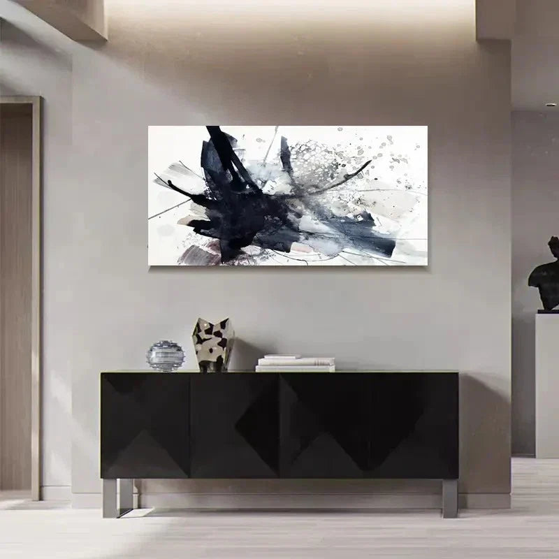 Modern Abstract Splash Black & White Wall Art Canvas Office Home Room Framed 120x60cm