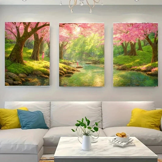 3pcs A Serene Forest Scene with Cherry Metal Print Ready to Hang Art