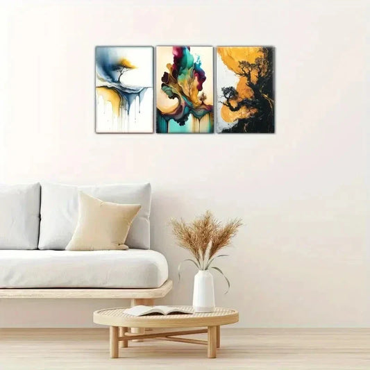 3pcs Golden Embrace, Cool Paint Colors, Abstract Metal Print Ready to Hang Art