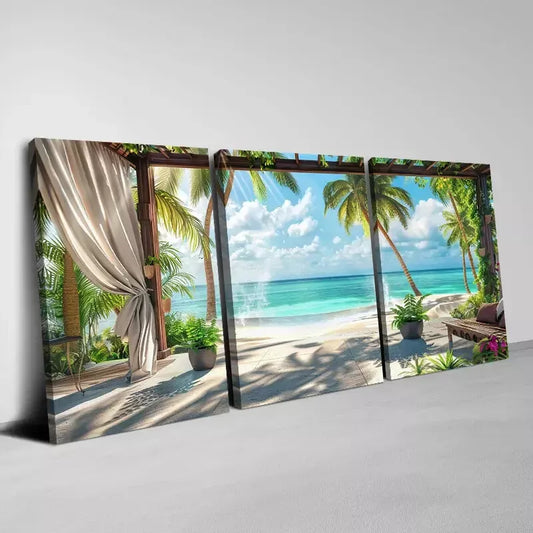 3pcs Beautiful Seaside Vacation with  Greenery Wall Art Set Canvas Framed 40x60cm - High Quality Print 100% Australian Made Wall Canvas Ready to Hang