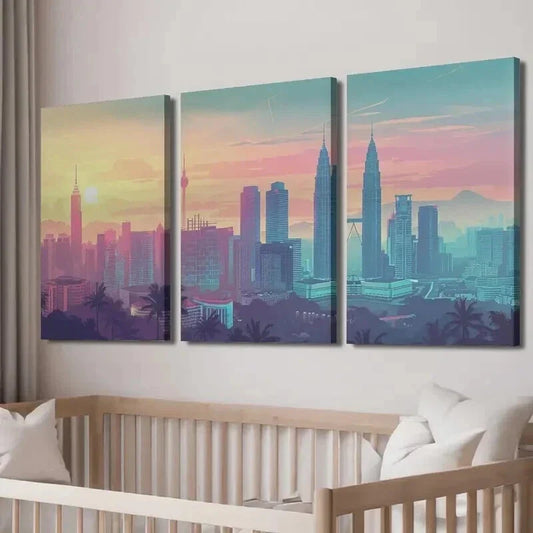 3pcs Vibrant Malaysia Kuala Lumpur Cityscape Wall Art Set Canvas Framed 40x60cm - High Quality Print 100% Australian Made Wall Canvas Ready to Hang