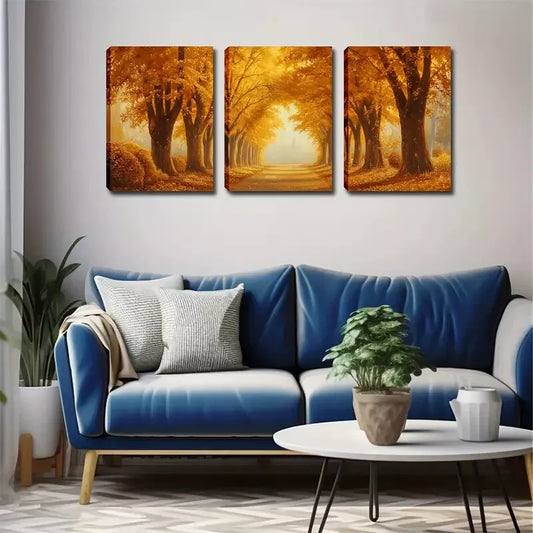 3pcs  Deep Yellow Woods, Romantic Roads Wall Art Set Canvas Framed 40x60cm - High Quality Print 100% Australian Made Wall Canvas Ready to Hang