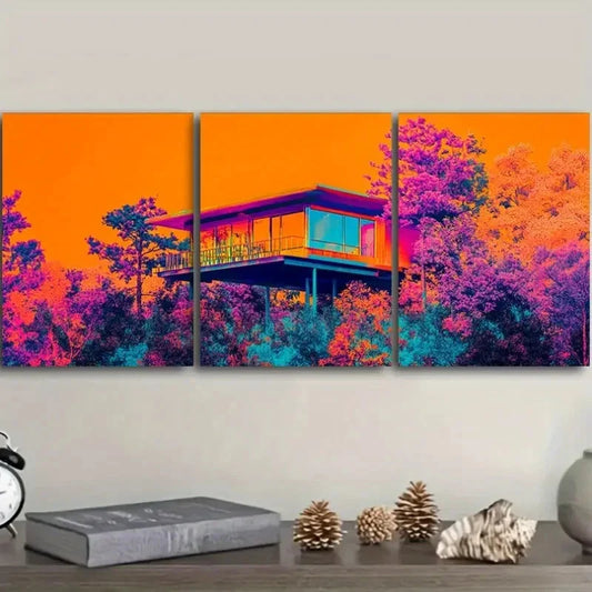 3pcs  Surrounded by Trees, Art Deco Metal Print Ready to Hang Art