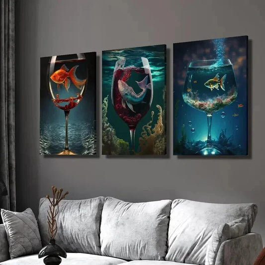 3pcs Aquarium in a Wine Glass Sea Life Wall Art Set Canvas Framed 40x60cm - High Quality Print 100% Australian Made Wall Canvas Ready to Hang