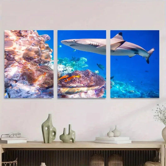 3pcs Vibrant Ocean Reef Scene with Shark Metal Print Ready to Hang Art
