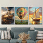3pcs Steam Train, Hot Air Balloon, Sailboat  Art Metal Print Ready to Hang Art