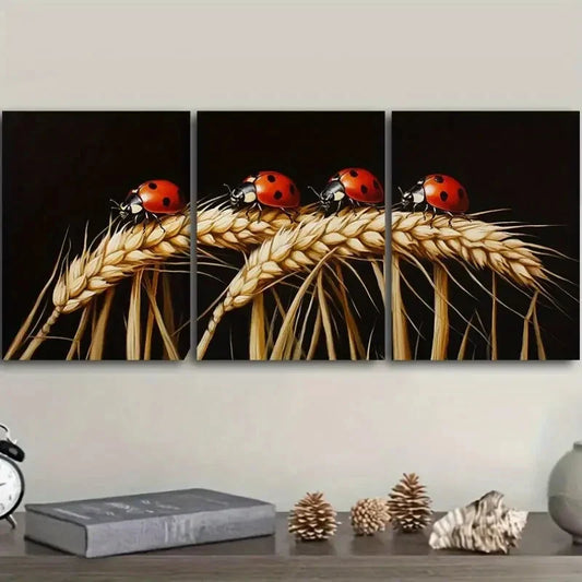 3pcs  The Ladybug Is Standing on The Wheat Metal Print Ready to Hang Art