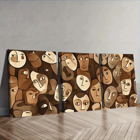 3pcs Modern Brown and Beige Faces  Wall Art Set Canvas Framed 40x60cm - High Quality Print 100% Australian Made Wall Canvas Ready to Hang