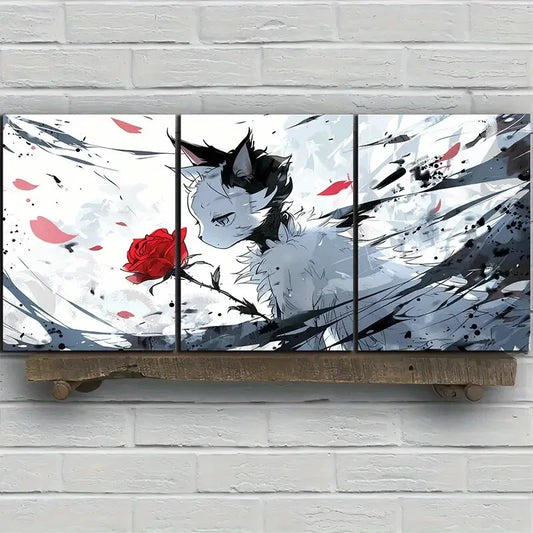 3pcs Cat Red Rose White & Black Metal Print Ready to Hang Art