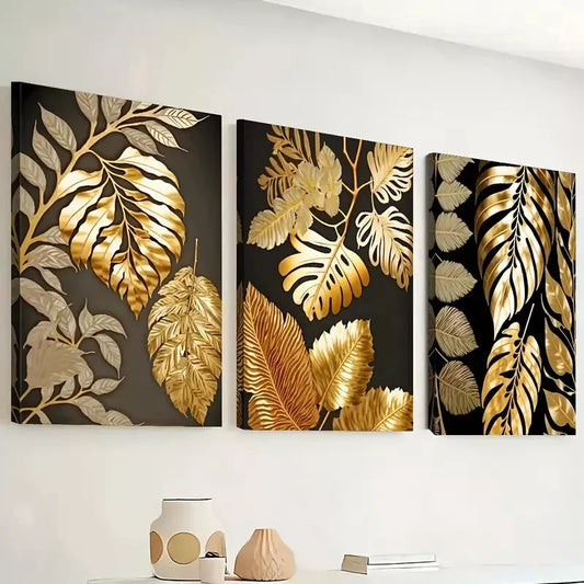 3pcs light luxury Golden leaves and flowers Wall Art Set Canvas Framed 40x60cm - High Quality Print 100% Australian Made Wall Canvas Ready to Hang