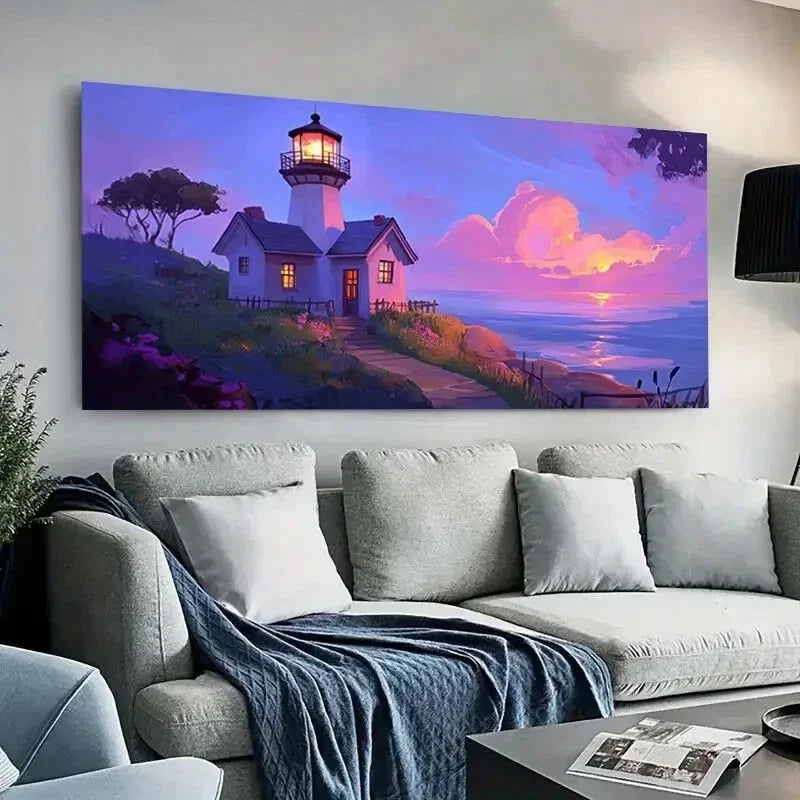Vibrant Sunset Lighthouse wall canvas office home room framed 120x60cm