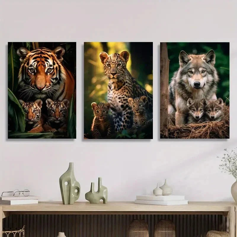 3pcs Vibrant Tiger, Leopard & Wolf Family  Metal Print Ready to Hang Art