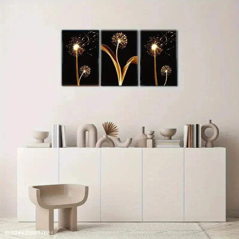3pcs Aesthetic Golden Plants on Dark Background Metal Print Ready to Hang Art