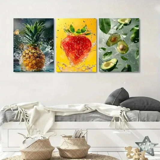 3pcs Vibrant Fruits with Water Droplet Metal Print Ready to Hang Art