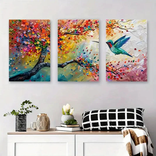 3pcs Vibrant Floral Tree & Hummingbird Nature Metal Print Ready to Hang Art
