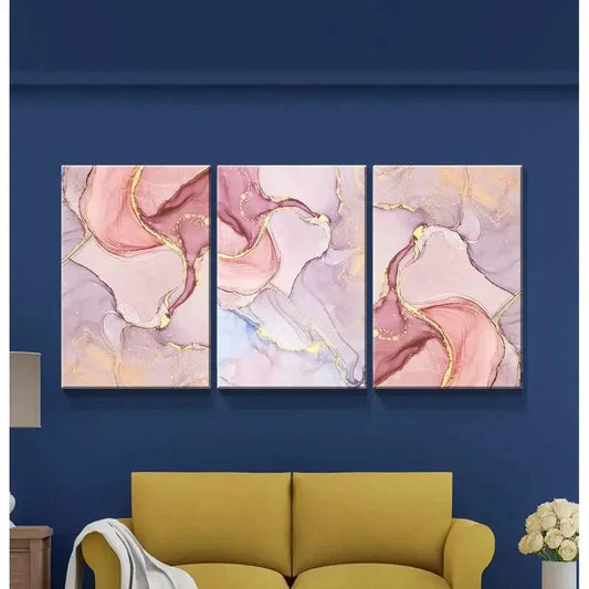 3pcs Abstract Pink Marble Golden Accents Metal Print Ready to Hang Art