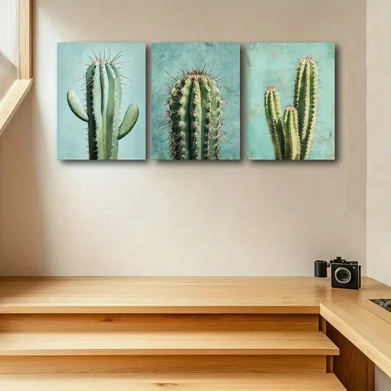 3pcs Green Cactus Trio Design Metal Print Ready to Hang Art