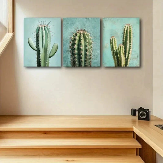 3pcs Green Cactus Trio Design Metal Print Ready to Hang Art