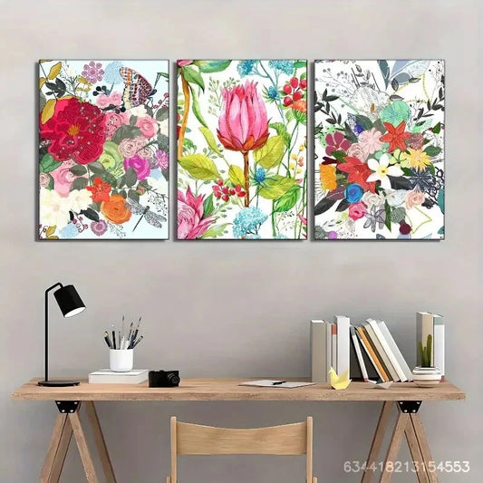 3pcs Vibrant Floral and Butterfly Pop Art Metal Print Ready to Hang Art