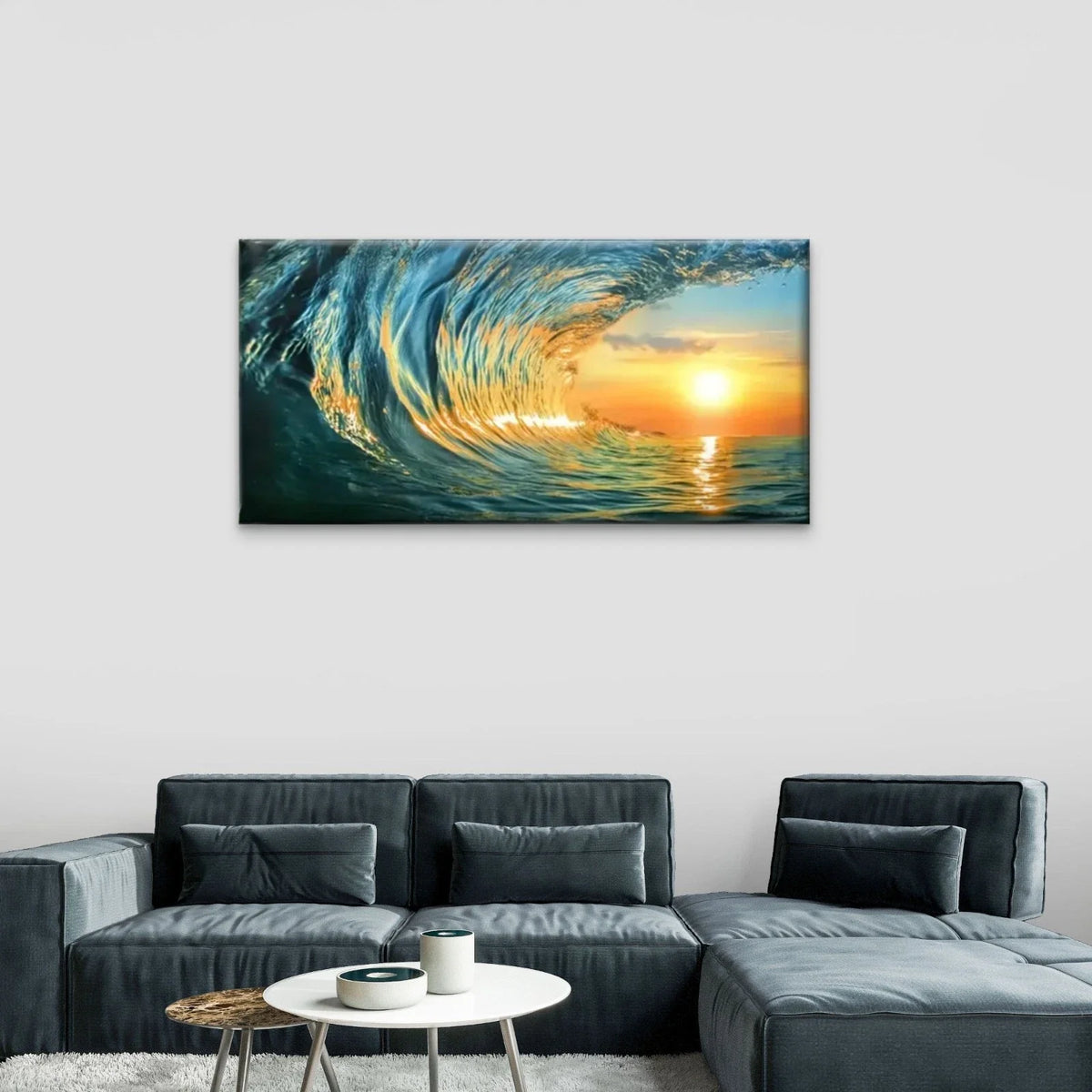 Waves Ocean Sunset Wall Art Canvas Office Home Room Framed 80x45cm