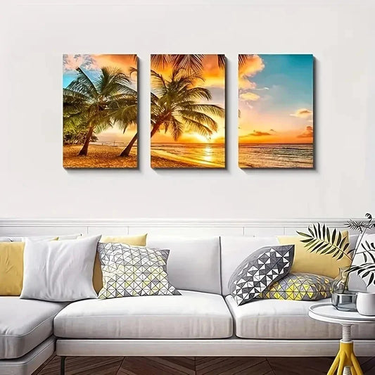 3pcs Coastal Style Golden Sunset Seascape  Metal Print Ready to Hang Art