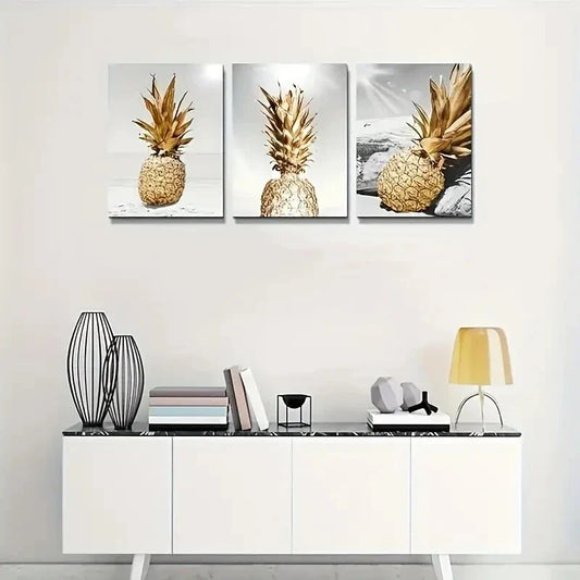3pcs Golden Pineapple Black and White Oil Painting  Metal Print Ready to Hang Art