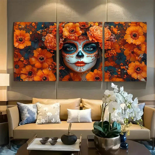 3pcs Elegant Dia de los Muertos Woman with Floral Metal Print Ready to Hang Art