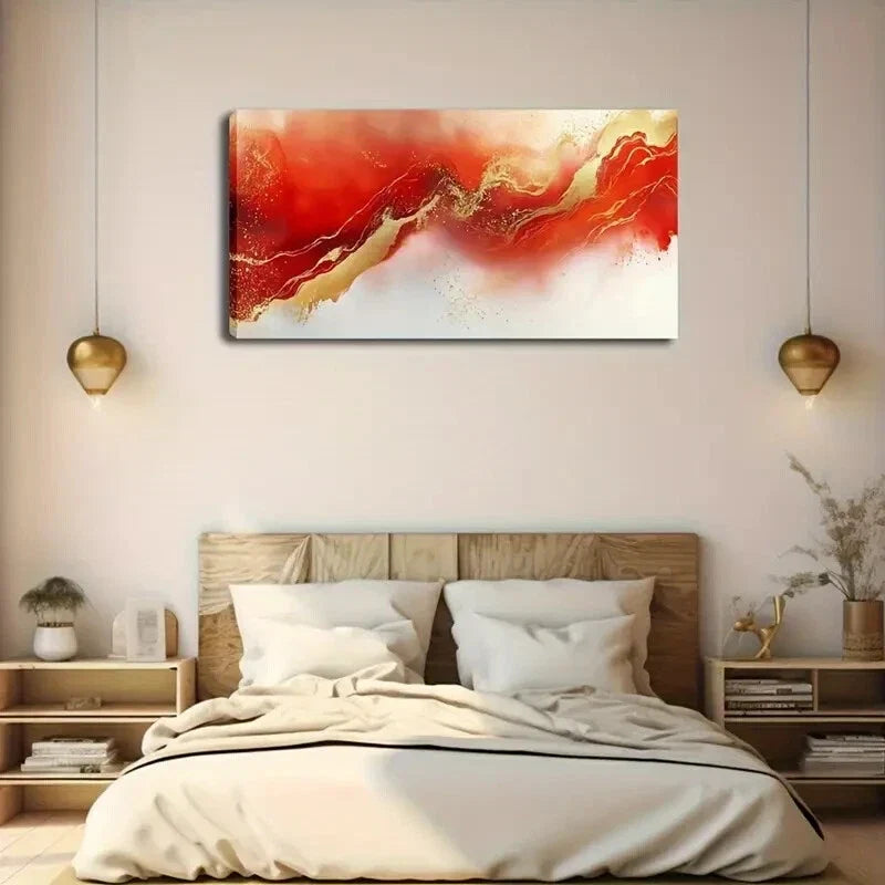 Modern Abstract Red & Golden Wall Art Canvas Office Home Room Framed 120x60cm
