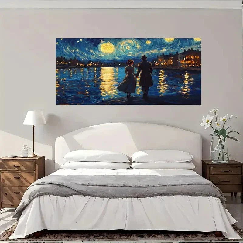 Romantic Night Walk By River Wall Art Canvas Office Home Room Framed 80x45cm