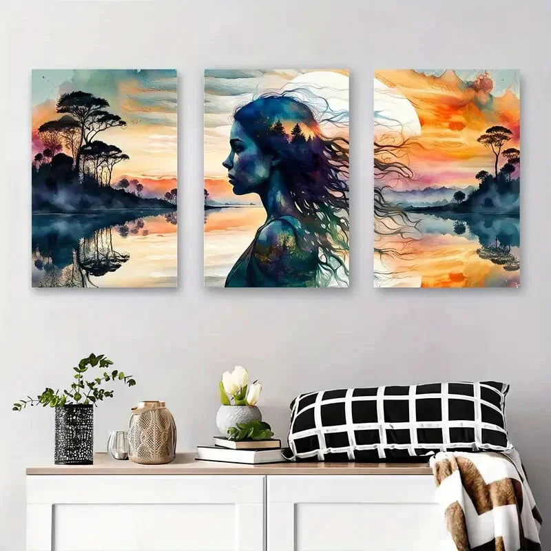 3pcs Watercolor Lake Reflection Woman Silhouette Metal Print Ready to Hang Art