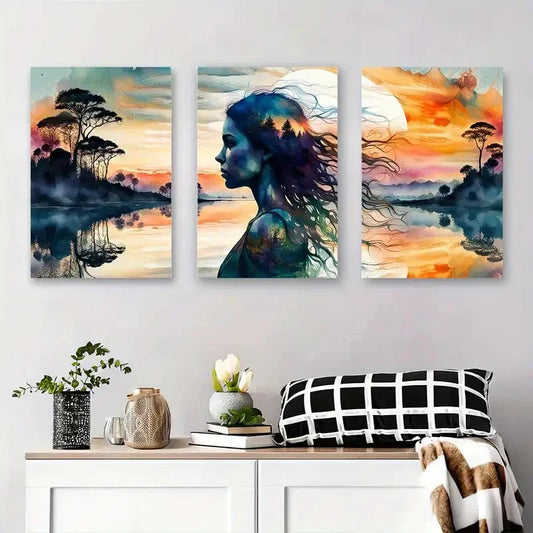 3pcs Watercolor Lake Reflection Woman Silhouette Metal Print Ready to Hang Art
