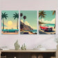 3pcs Vintage Beach Scene Tropical Sunset Cars Wall Art Set Canvas Framed 40x60cm - High Quality Print 100% Australian Made Wall Canvas Ready to Hang