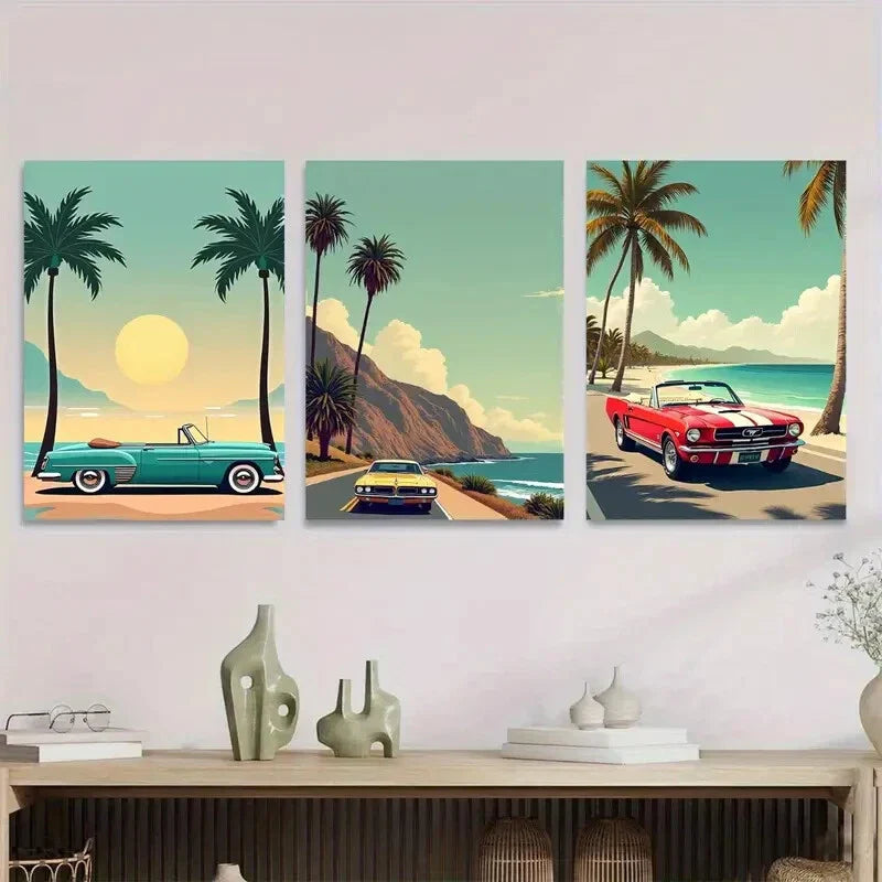3pcs Vintage Beach Scene Tropical Sunset Cars Wall Art Set Canvas Framed 40x60cm - High Quality Print 100% Australian Made Wall Canvas Ready to Hang