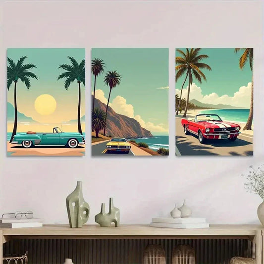 3pcs Vintage Beach Scene Tropical Sunset Cars Wall Art Set Canvas Framed 40x60cm - High Quality Print 100% Australian Made Wall Canvas Ready to Hang