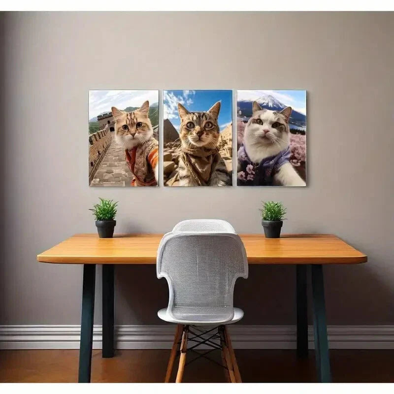 3pcs  Funny Cats at Great Wall Pyramid & Mount Fuji   Metal Print Ready to Hang Art