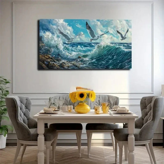 Seagulls Soaring Over Ocean Wall Art canvas office home room framed 120x60cm
