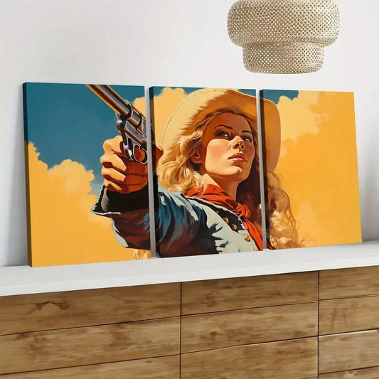 3pcs Vintage Wild West Cowgirl Blue Sky Golden Wall Art Set Canvas Framed 40x60cm - High Quality Print 100% Australian Made Wall Canvas Ready to Hang