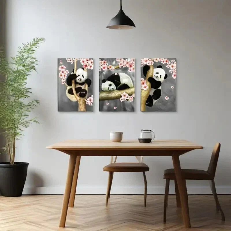 3pcs  Panda Bear Painting Cute Panda Metal Print Ready to Hang Art