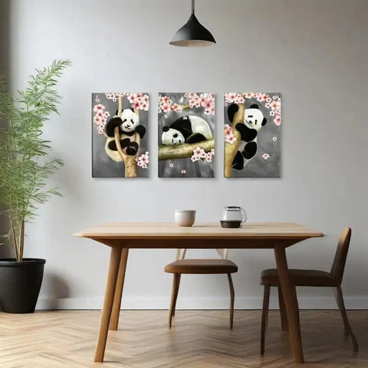3pcs  Panda Bear Painting Cute Panda Metal Print Ready to Hang Art