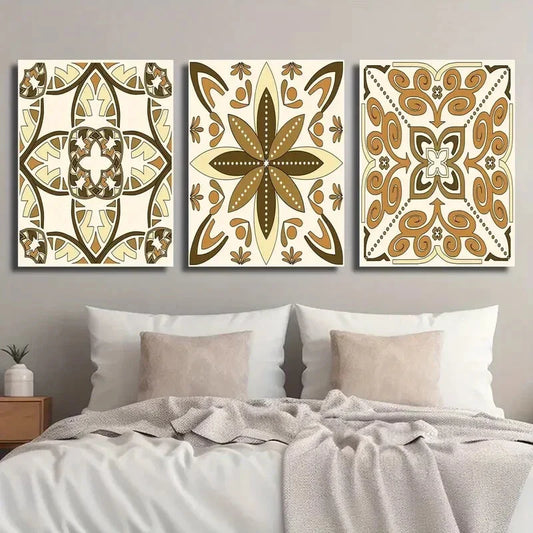 3pcs Abstract Golden Mexican Talavera Tiles Metal Print Ready to Hang Art