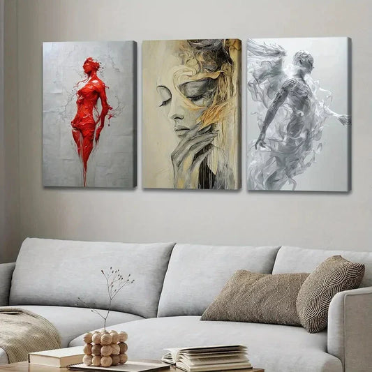 3pcs Abstract Figure Gold Gray Red Ladies White Wall Art Set Canvas Framed 40x60cm - High Quality Print 100% Australian Made Wall Canvas Ready to Hang