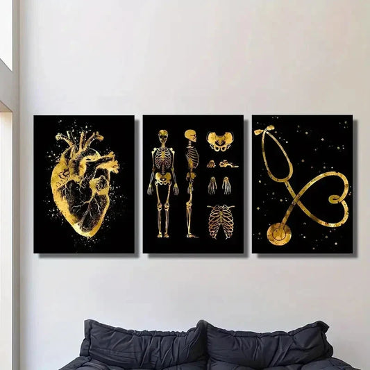 3pcs Paintings with Stethoscope, Metal Print Ready to Hang Art