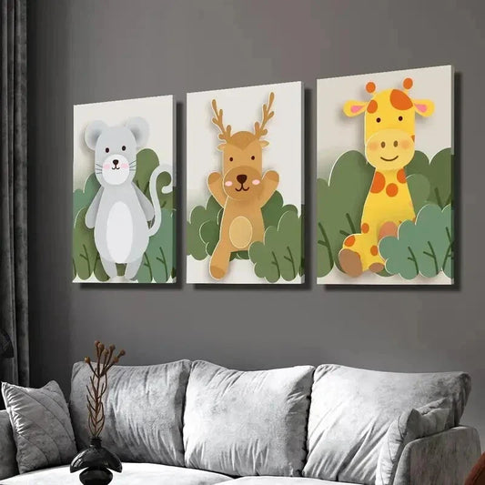 3pcs Mouse Deer Giraffe in Playful Forest Scene Wall Art Set Canvas Framed 40x60cm - High Quality Print 100% Australian Made Wall Canvas Ready to Hang