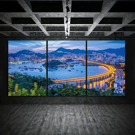 3pcs City Skyline Night View Urban Metal Print Ready to Hang Art