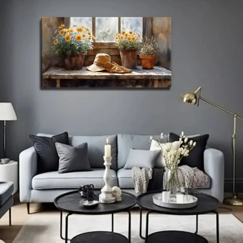 Window Sill Flowers & Hat Wall Art Canvas Office Home Room Framed 80x45cm