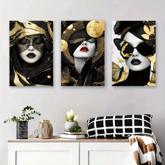 3pcs Elegant Woman Portrait Black and Gold Metal Print Ready to Hang Art